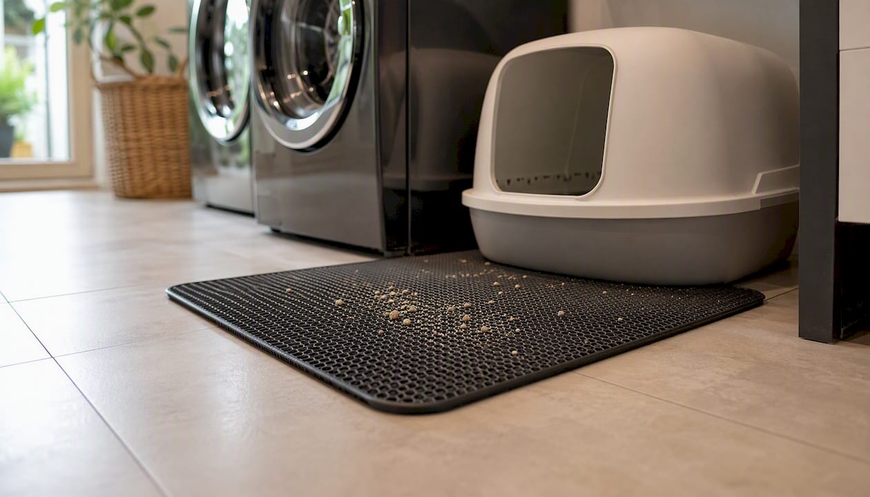 Waterproof mat under litter box in closet corner
