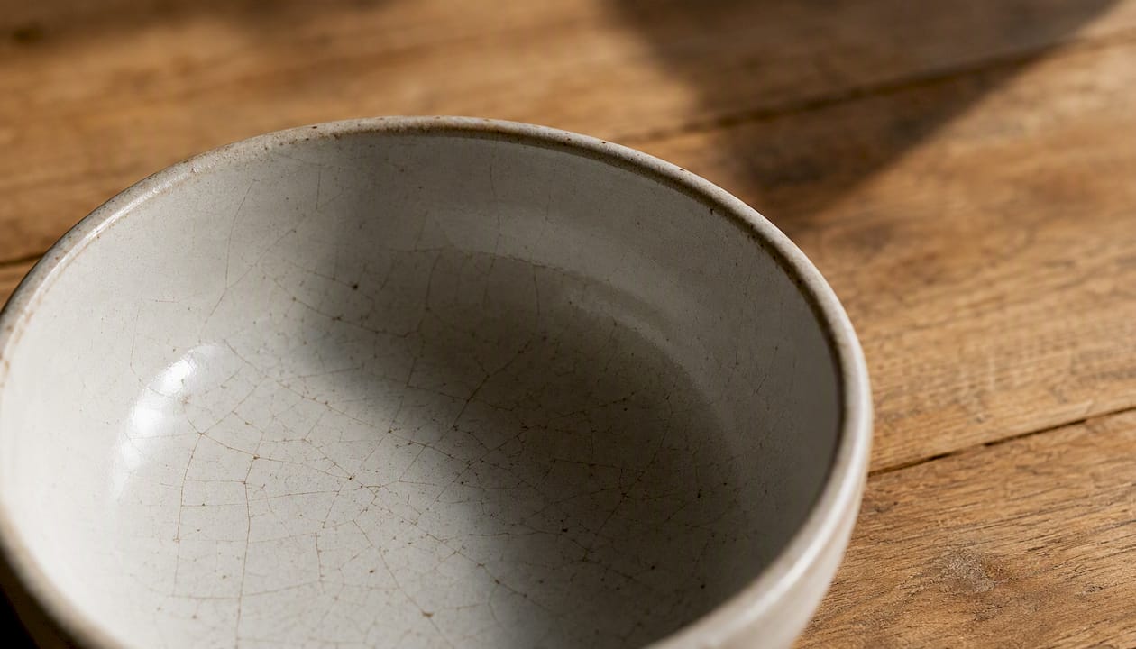 Close-up of cracked ceramic glaze on cat bowl