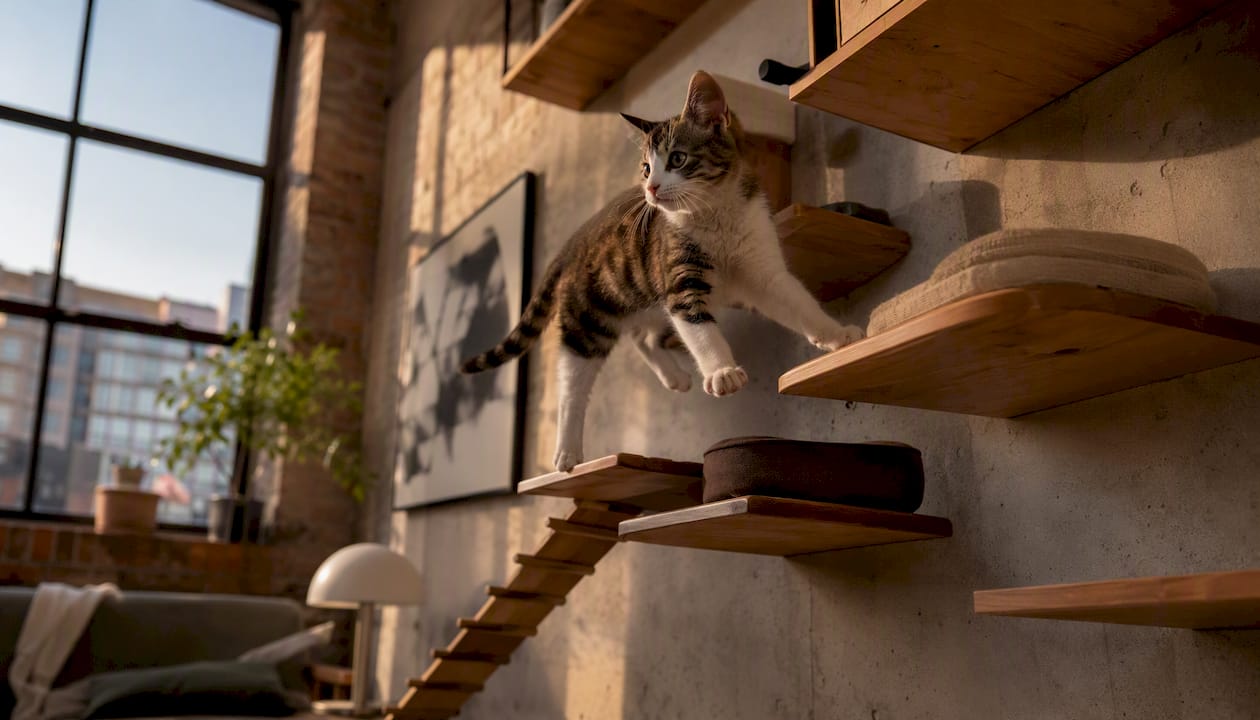 Young cat navigating varied shelves on climbing wall