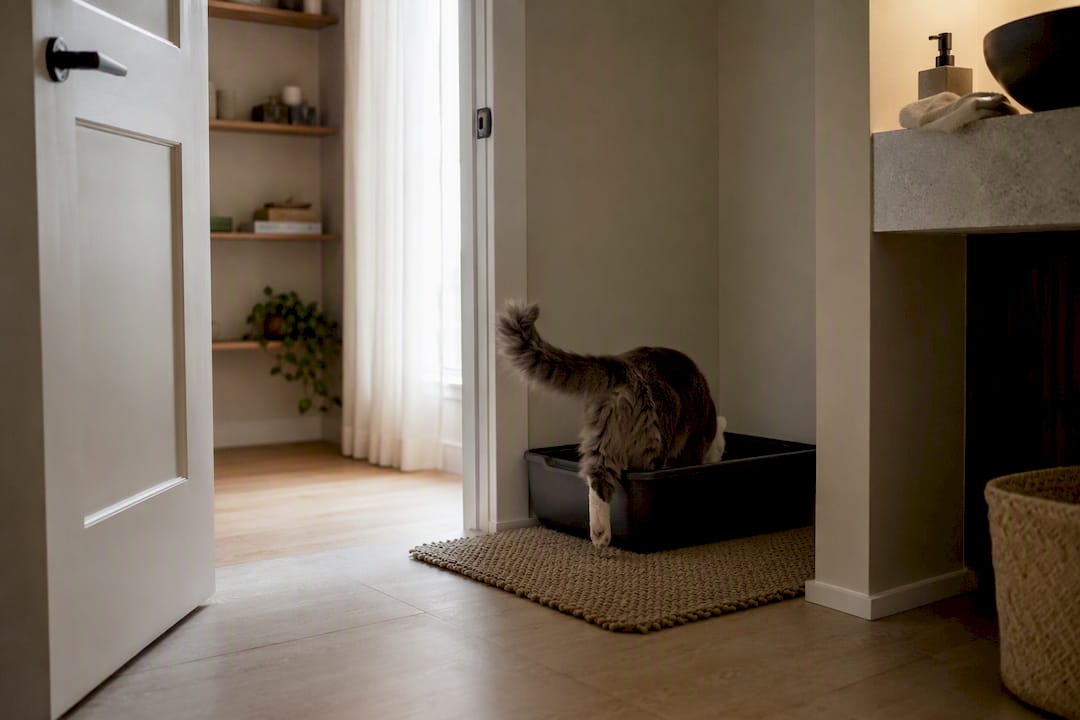 Cat entering litter box with bathroom door open