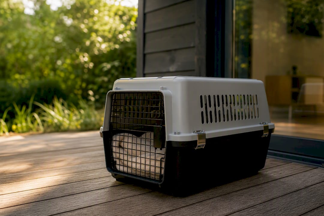 Hard cat carrier ready for travel