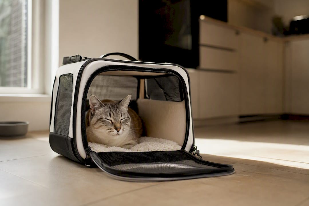 Cat resting inside a soft cat carrier