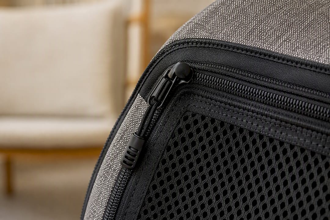 Close-up of soft carrier zipper and mesh security