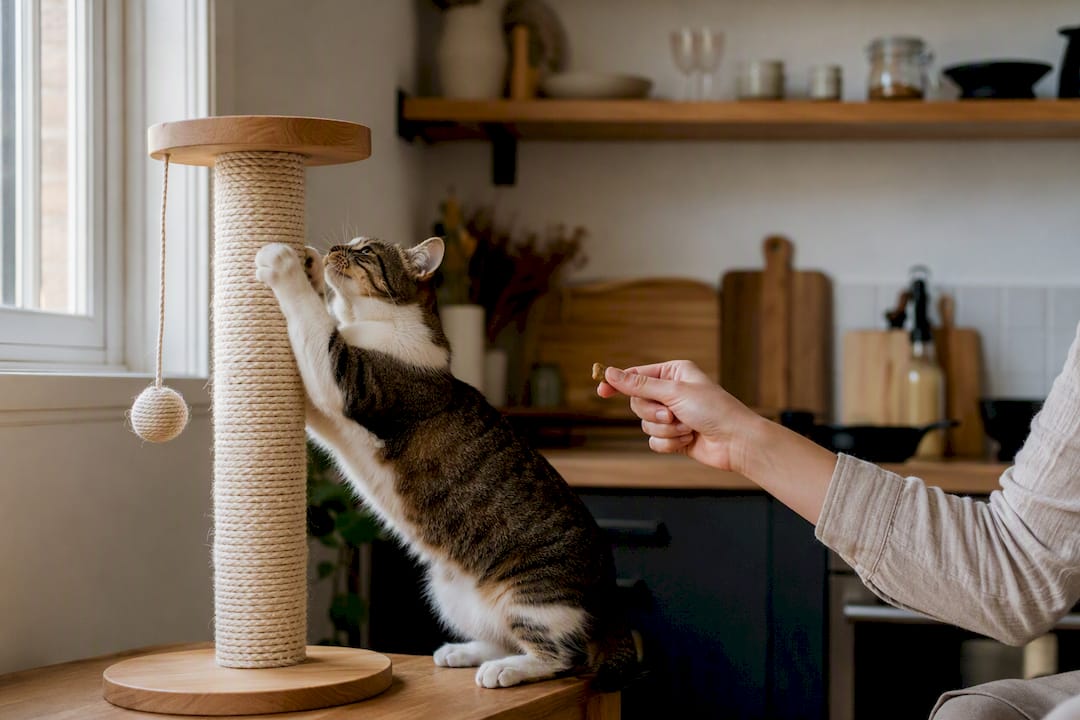 Cat scratching fresh sisal post rewarded with treat