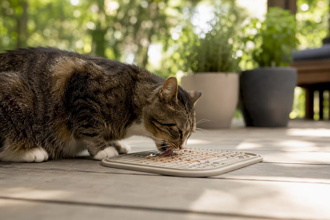 Cat slowly licking textured lick mat