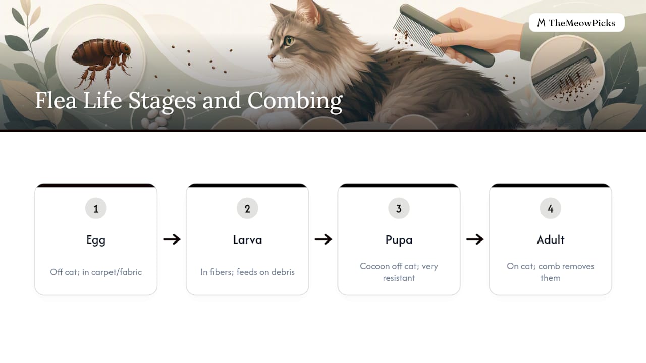Flea life cycle stages and comb coverage diagram
