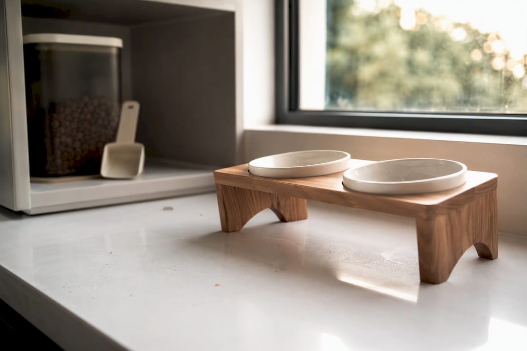 Cat feeding station with integrated storage in kitchen nook