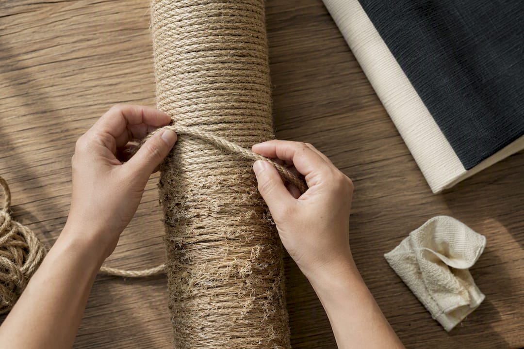 Hands replacing worn sisal rope