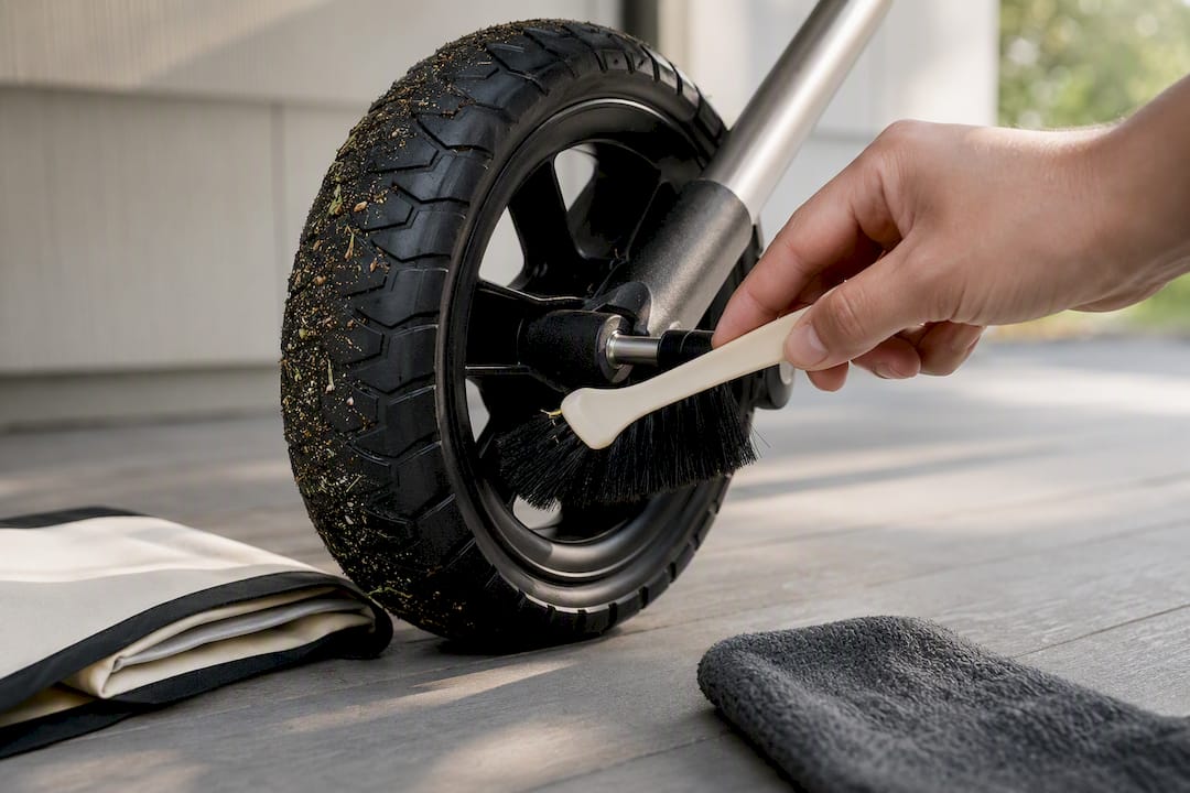 Hand brushing debris from stroller wheel