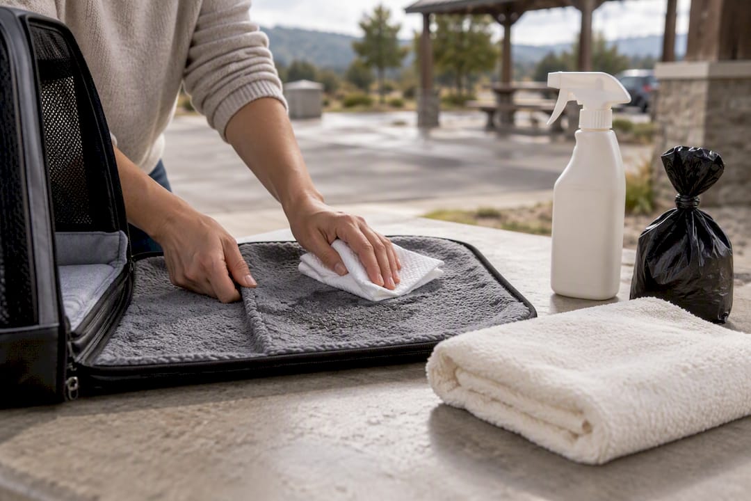 Hands replacing a soiled carrier pad