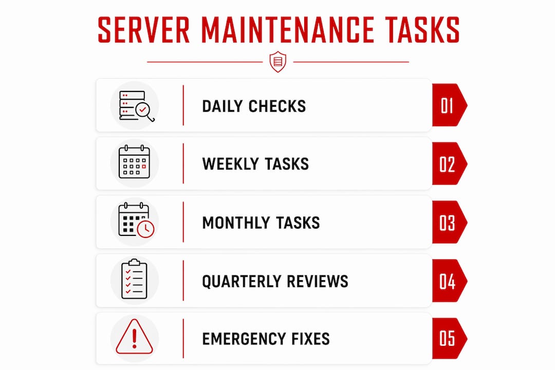 Server maintenance: a practical guide for IT managers 3 Infographic illustrating server maintenance task schedule
