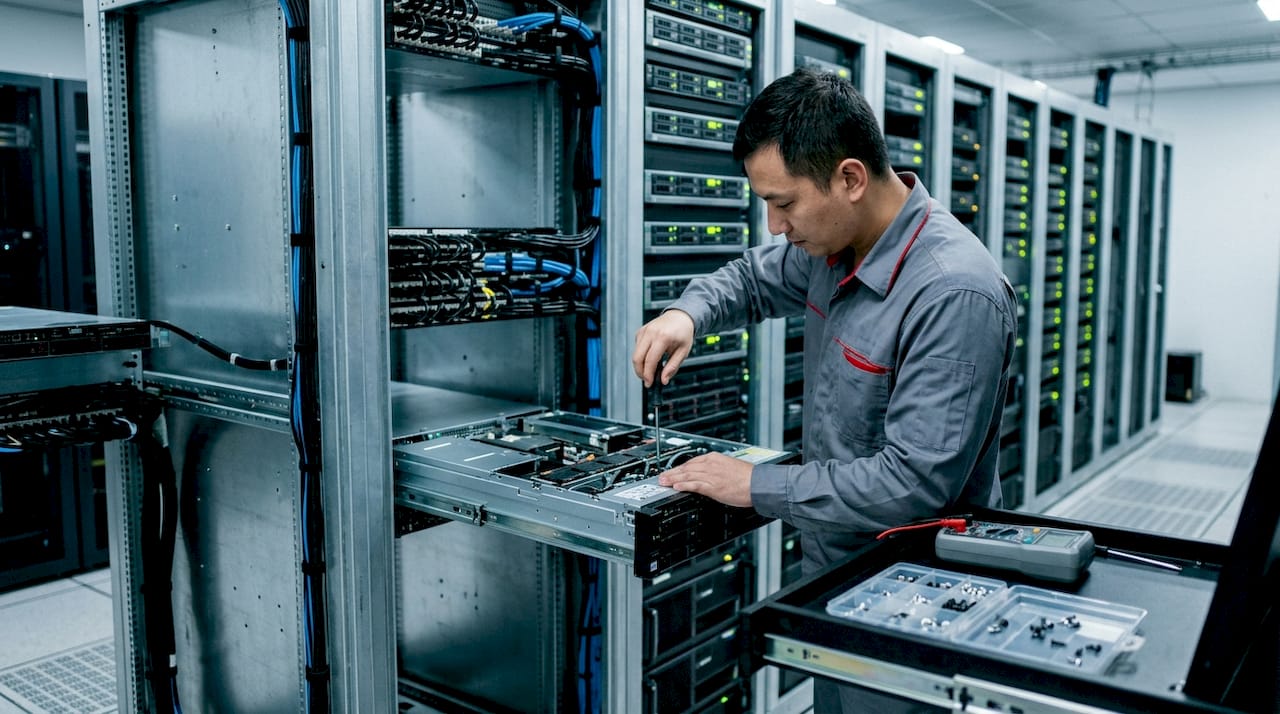 Server maintenance: a practical guide for IT managers 1 Hands working on server hardware components
