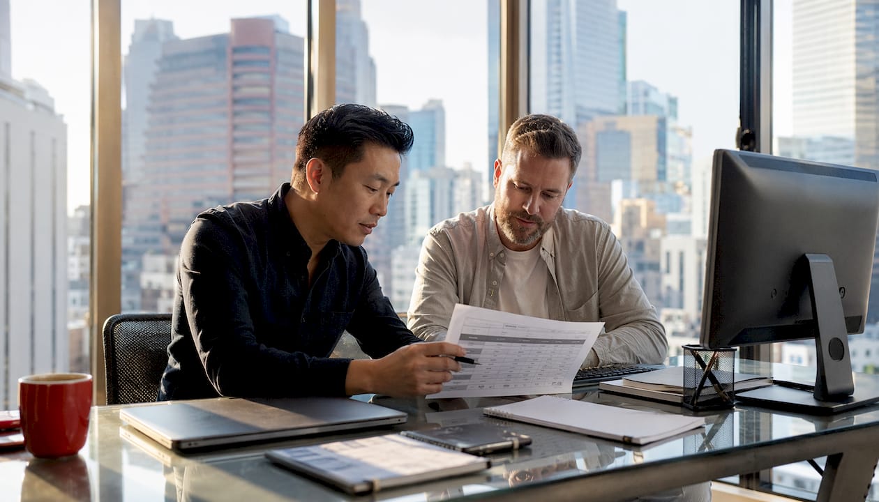 Partners discussing business email hosting options