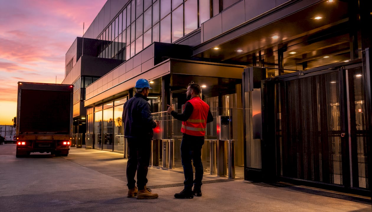 Brisbane data centre exterior with technicians