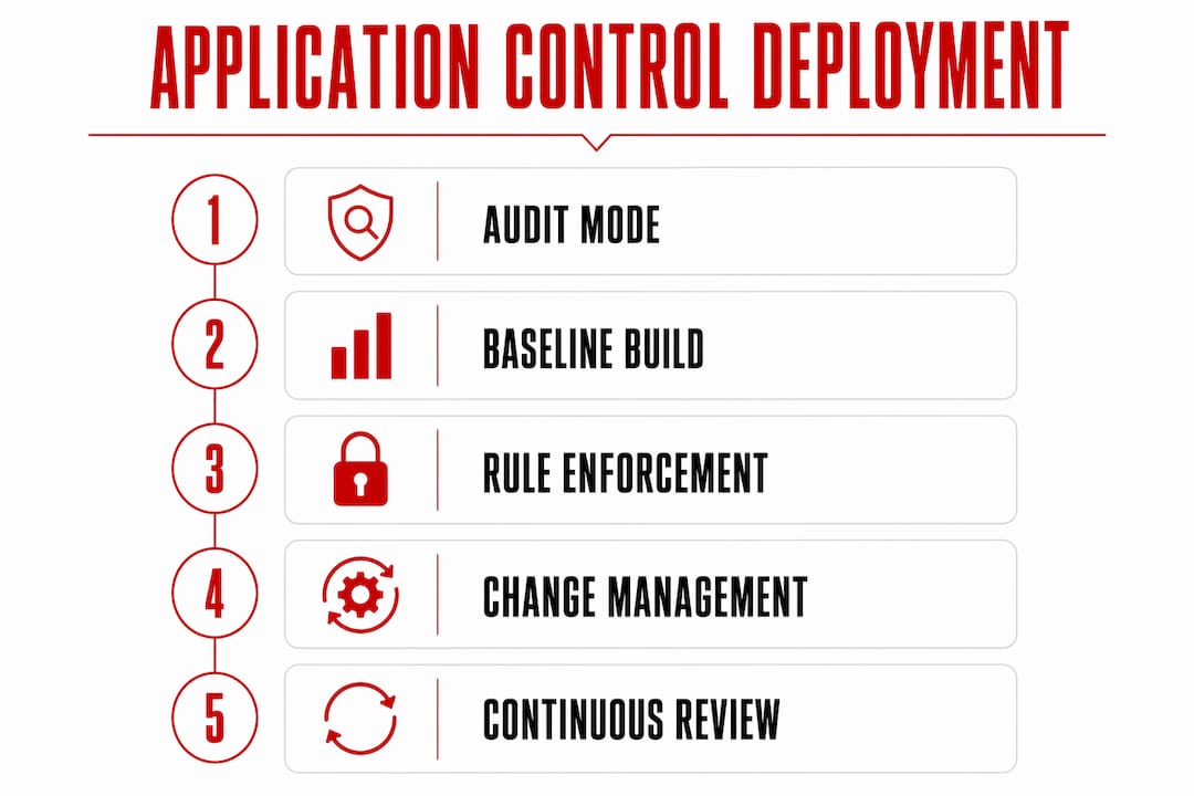 Infographic showing application control deployment steps