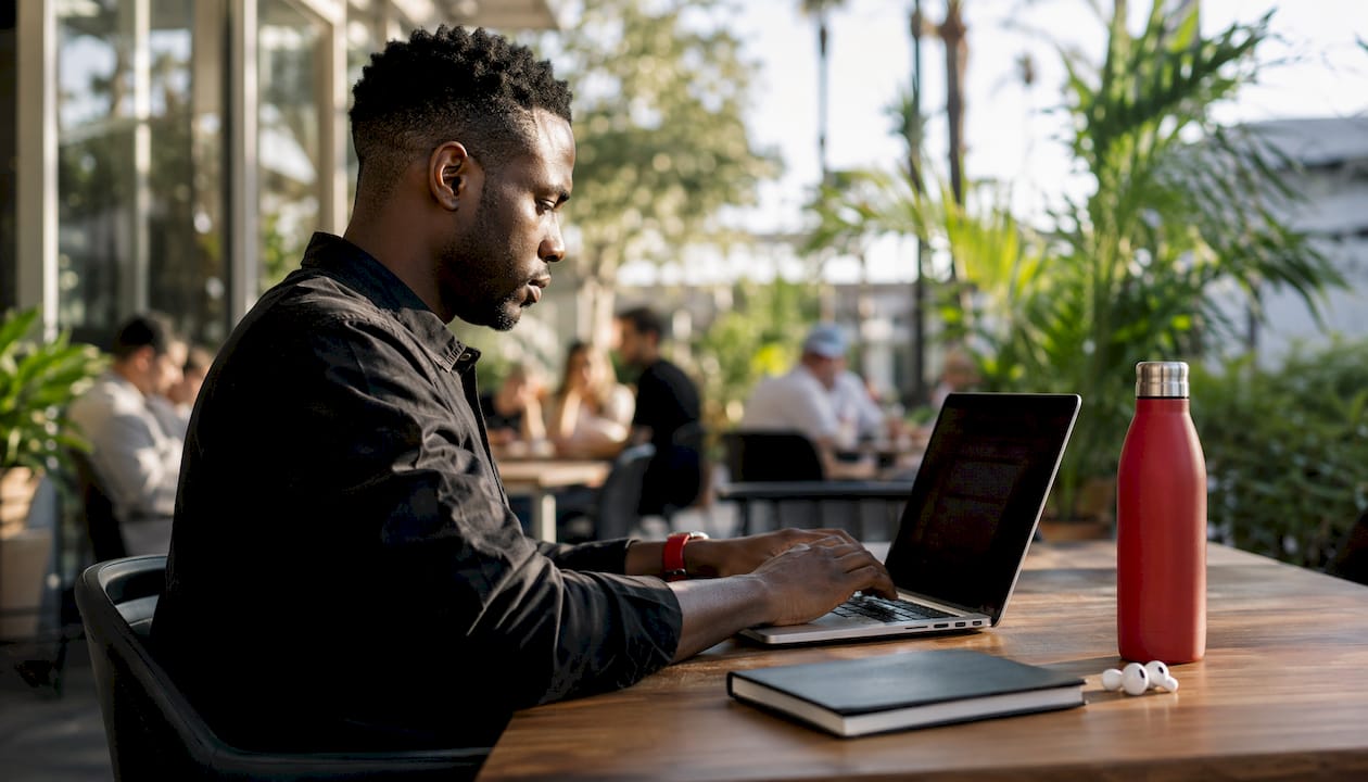 Employee using Microsoft 365 desktop apps in coworking space
