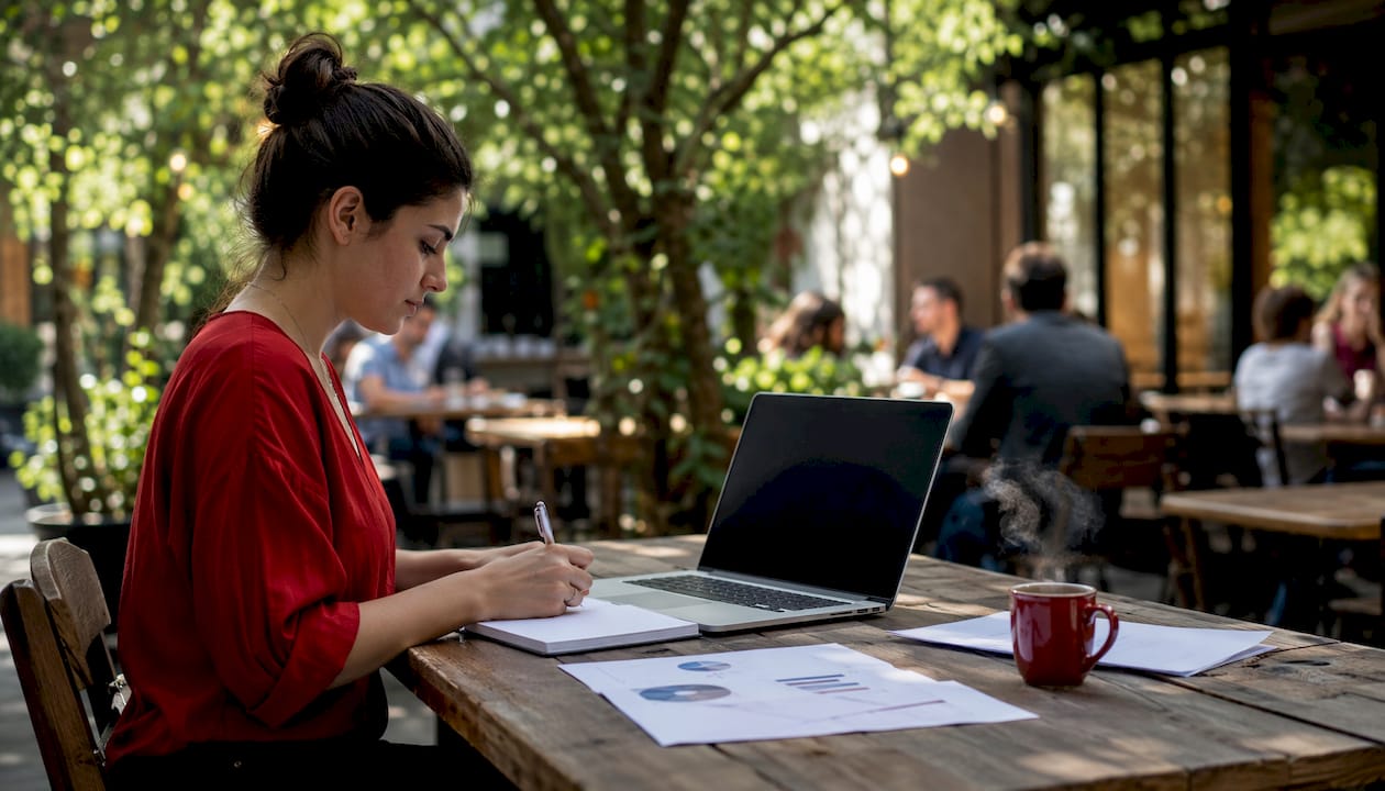 Hands taking notes beside laptop keyboard