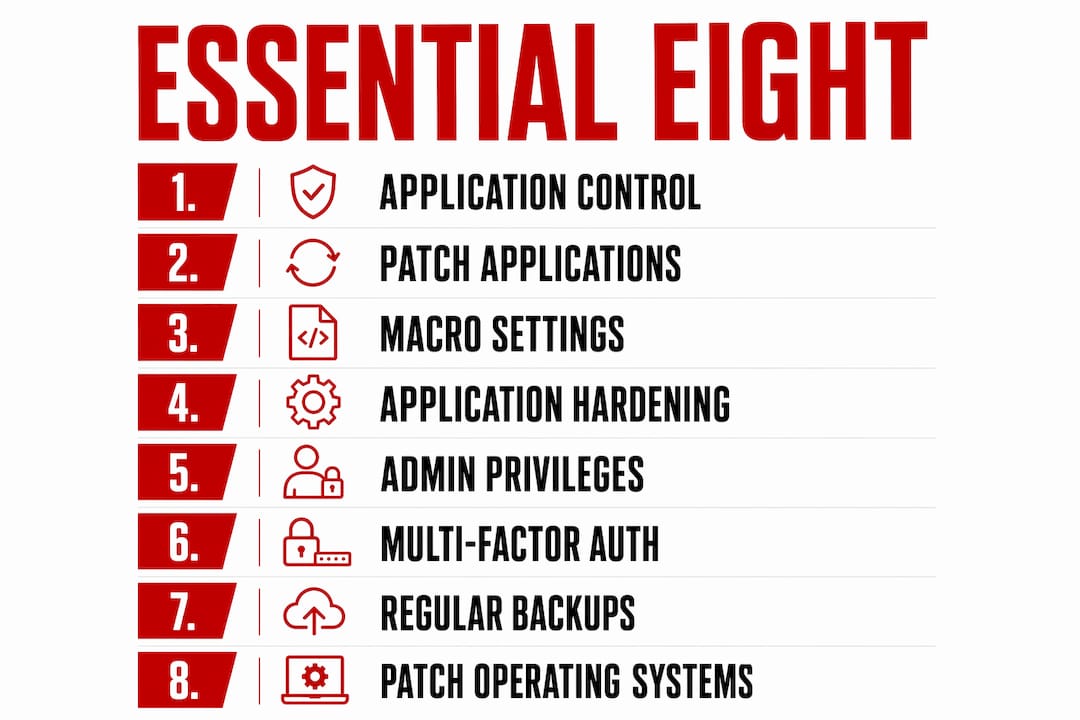 Essential 8 for Australian agencies: practical compliance guide 1 Infographic outlining the Essential Eight cybersecurity controls