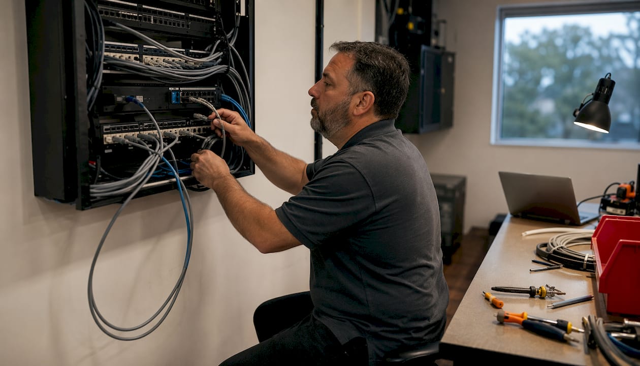 Technician connecting Ethernet cables in server room