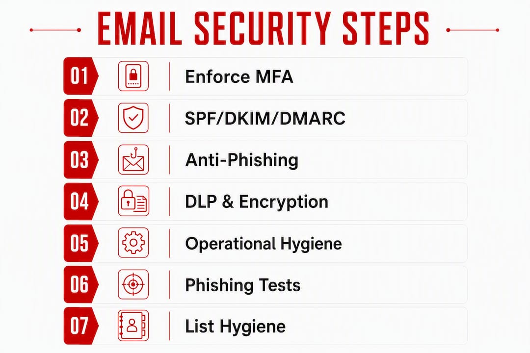 Infographic of email security checklist steps for SMBs