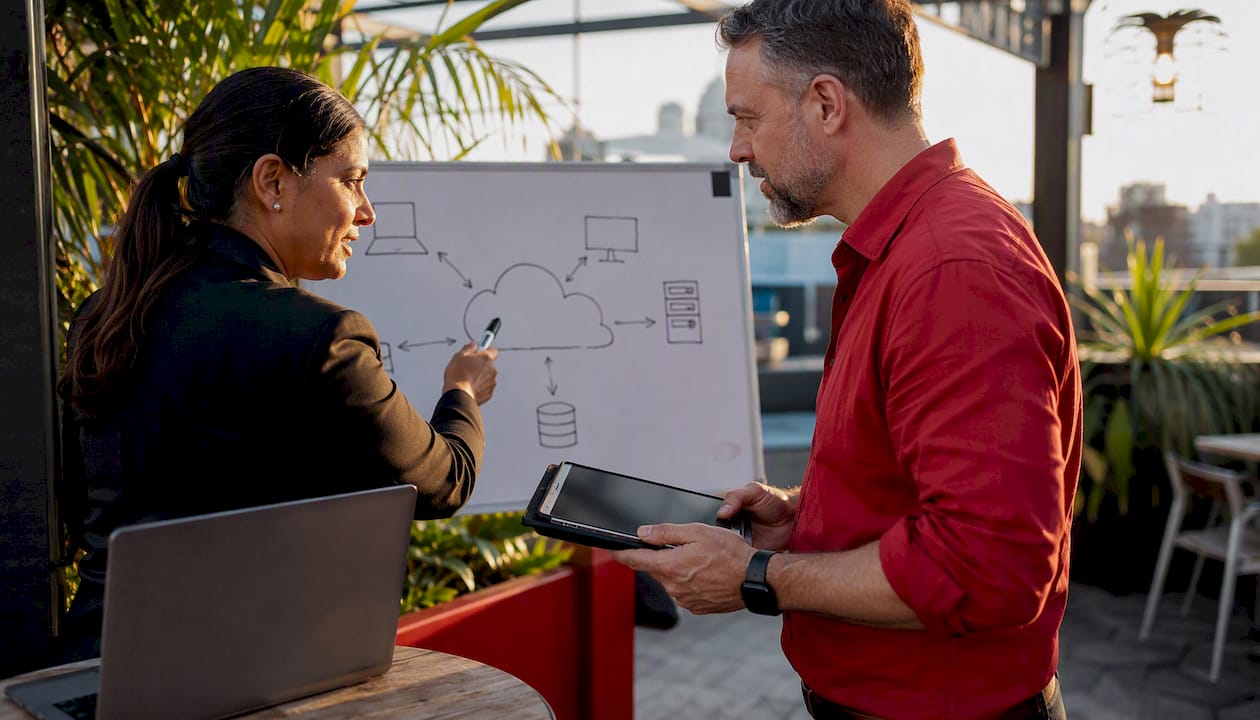 Two IT specialists discussing cloud backup strategy