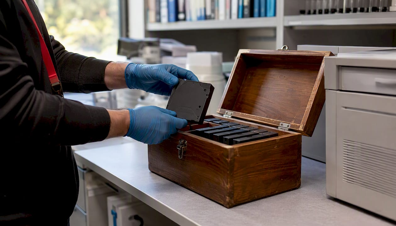 Hands storing backup tape in secure box