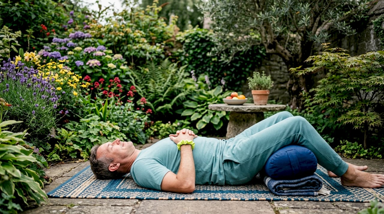 Man doing restorative yoga pose in peaceful studio