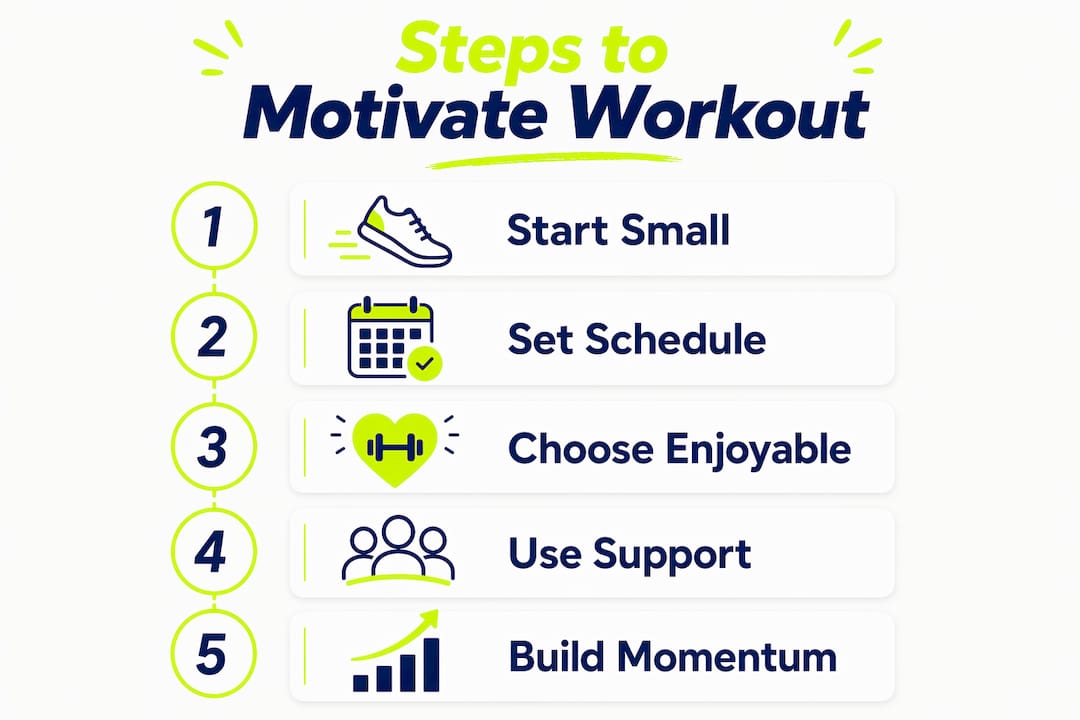 Infographic showing key steps to motivate workouts