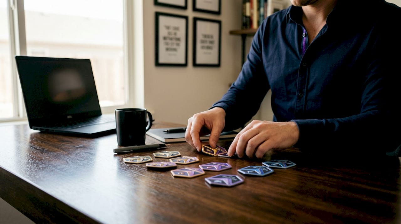 Hands organizing achievement badges on portfolio