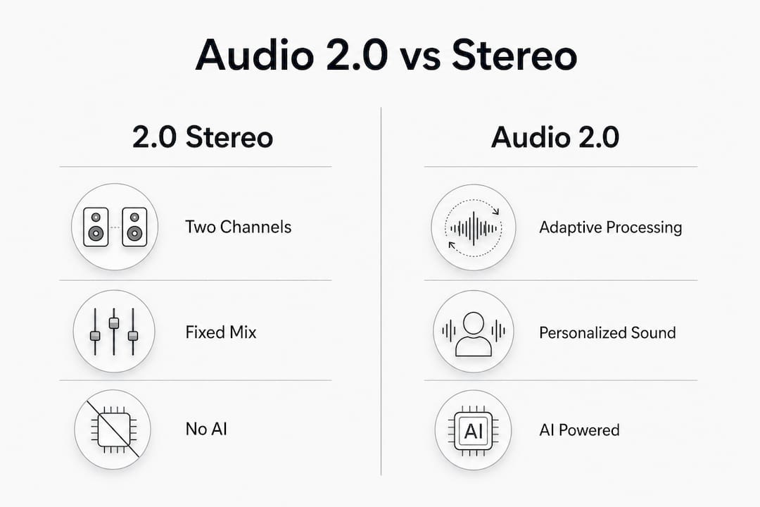 Infographic comparing Audio 2.0 and traditional stereo formats