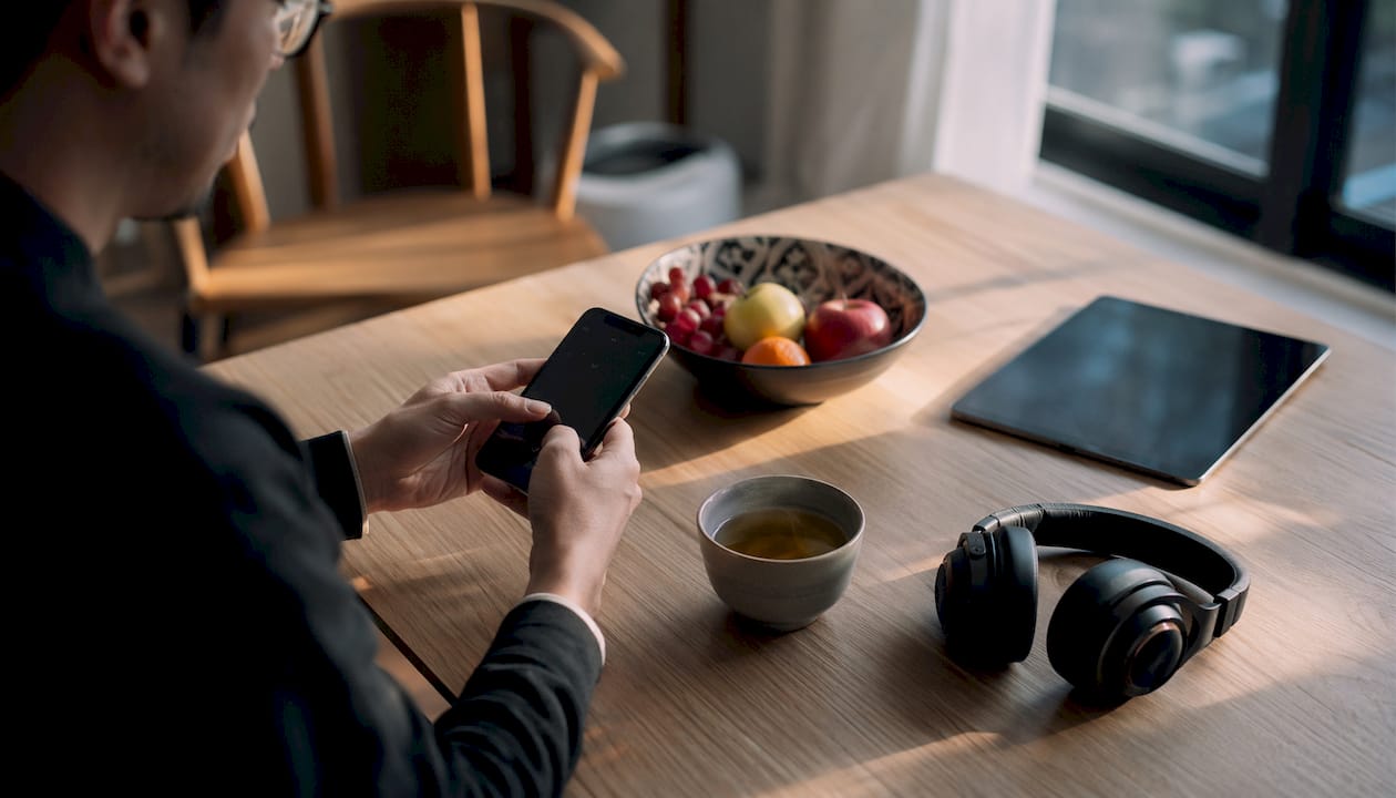 Hands operating smartphone with headphones nearby