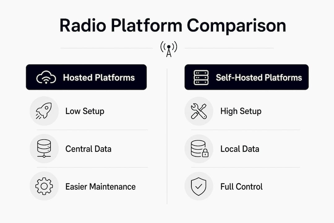 Infographic comparing hosted and self-hosted personalized radio platforms