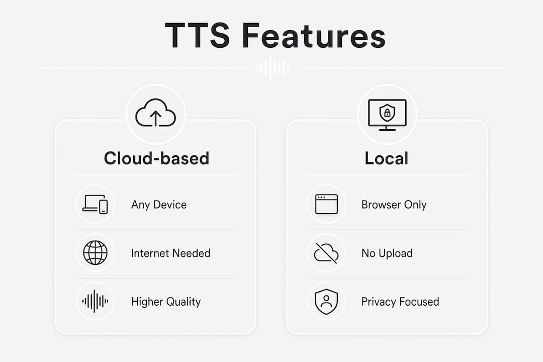 Infographic comparing cloud-based and local TTS features