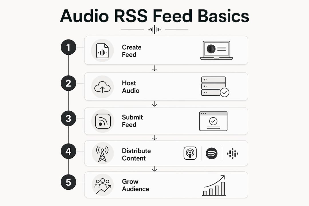 Infographic showing audio RSS feed basics flow