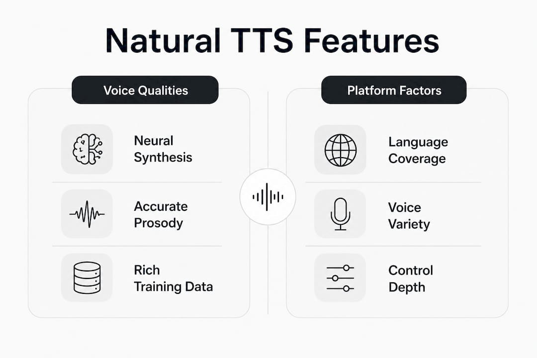 Infographic comparing natural TTS voice features and platform factors