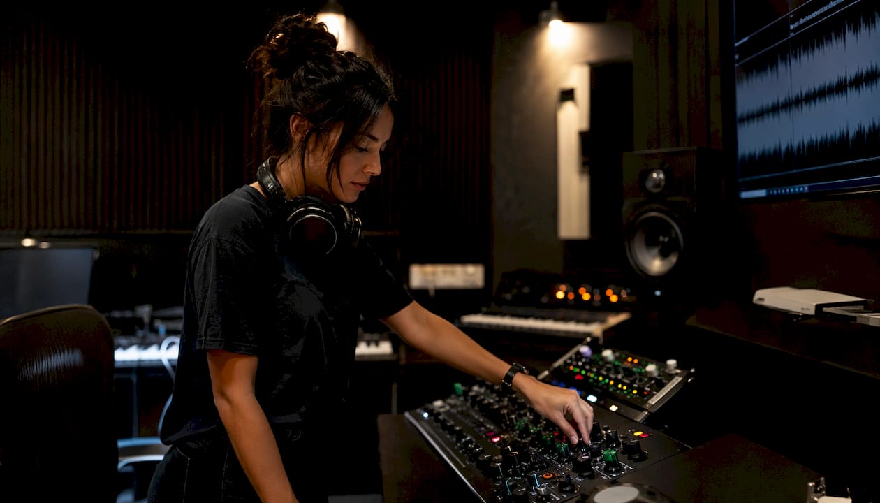 Audio engineer adjusting mixing console knobs