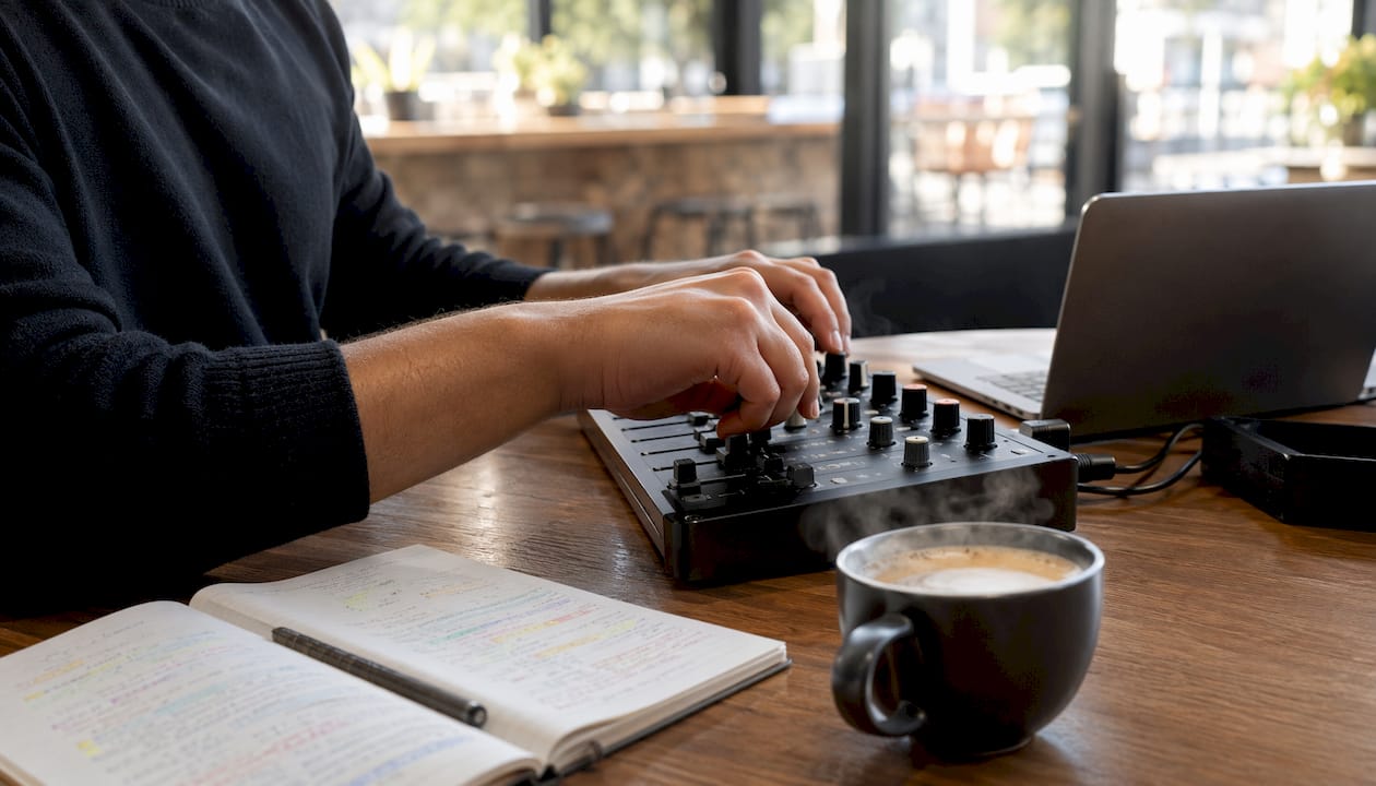 Hands adjusting audio mixer for live streaming