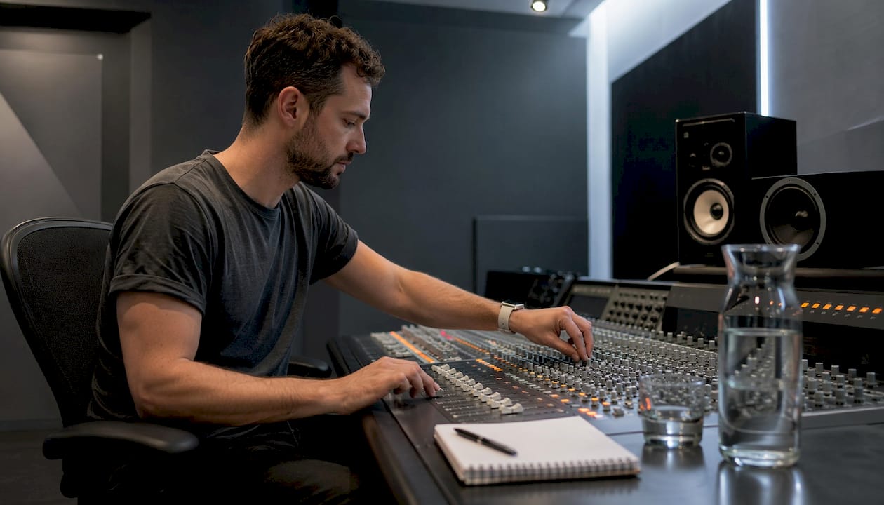 Hands adjusting audio mixing console sliders in studio