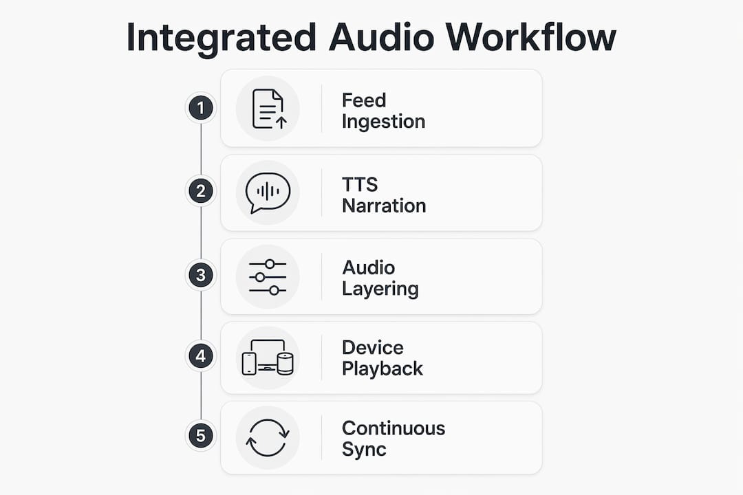 Infographic illustrating integrated audio workflow steps with clean design