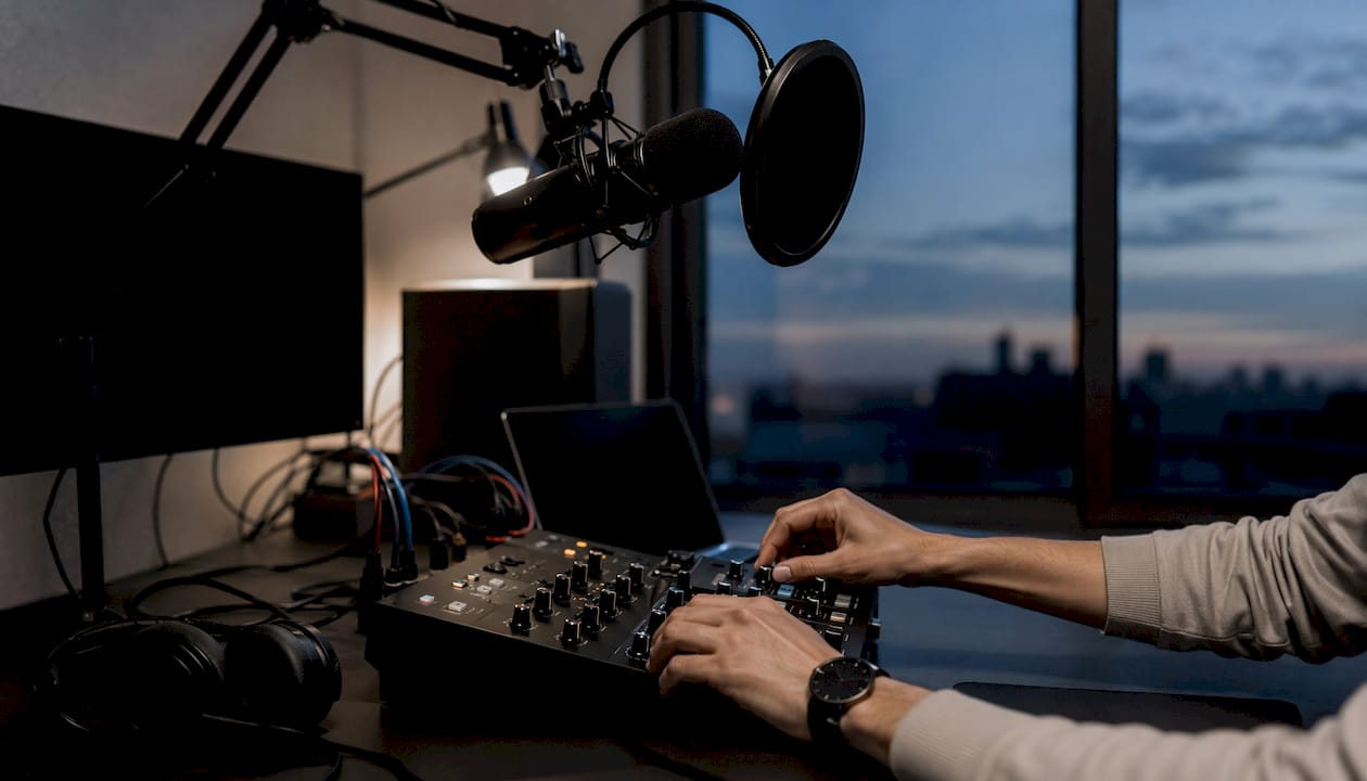 Hands adjusting professional audio mixer controls