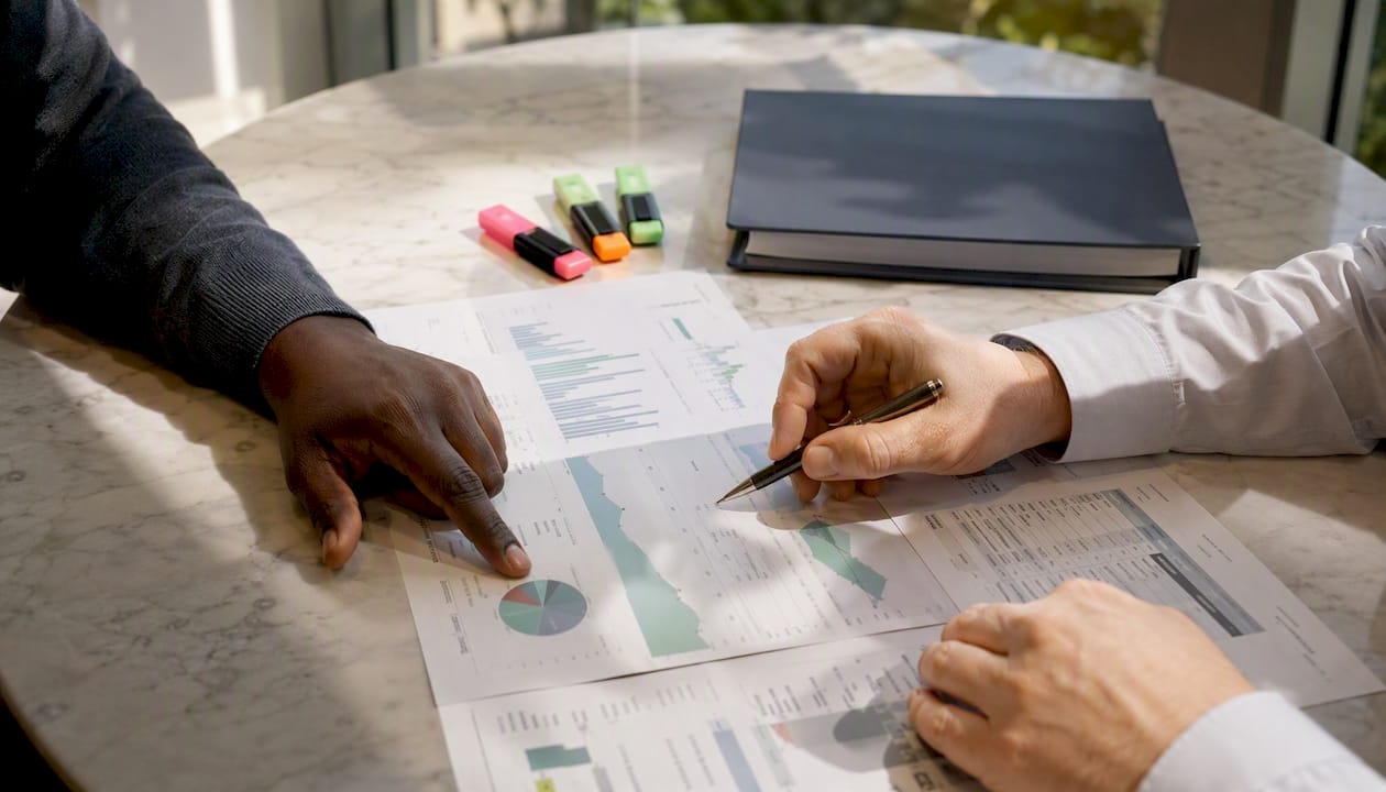 Close-up of hands reviewing well data reports