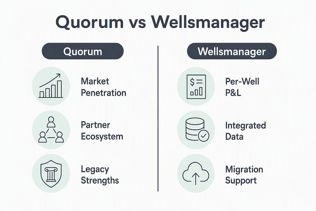 Infographic comparing Quorum and Wellsmanager key features
