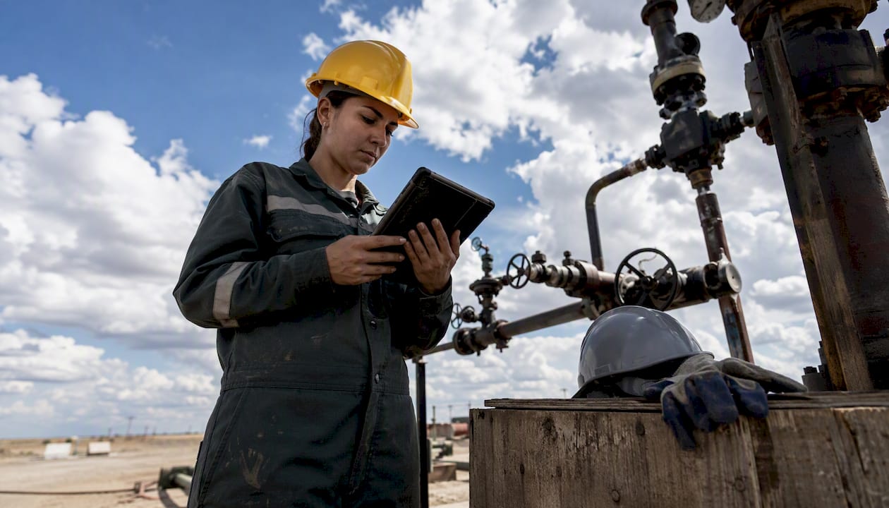 Field engineer using tablet at well site