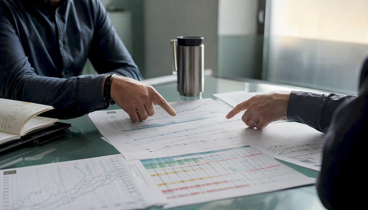 Hands pointing at control matrix documents on table