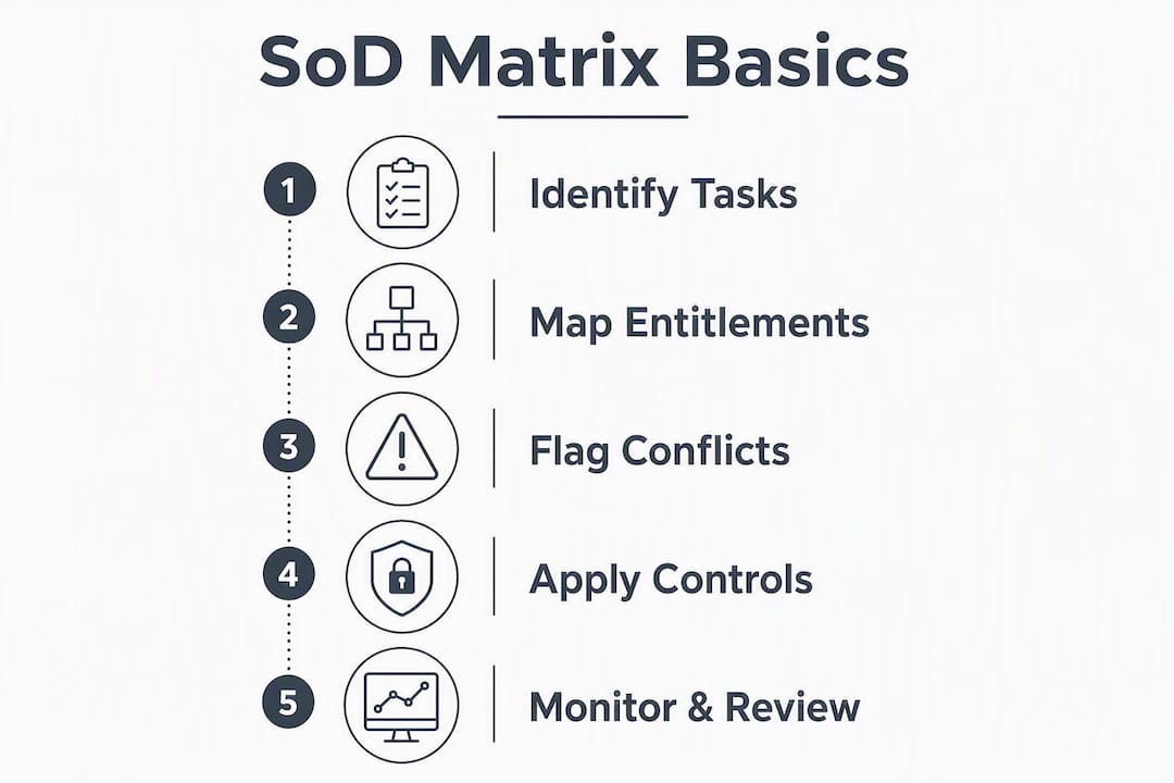 Infographic showing Segregation of Duties matrix key steps