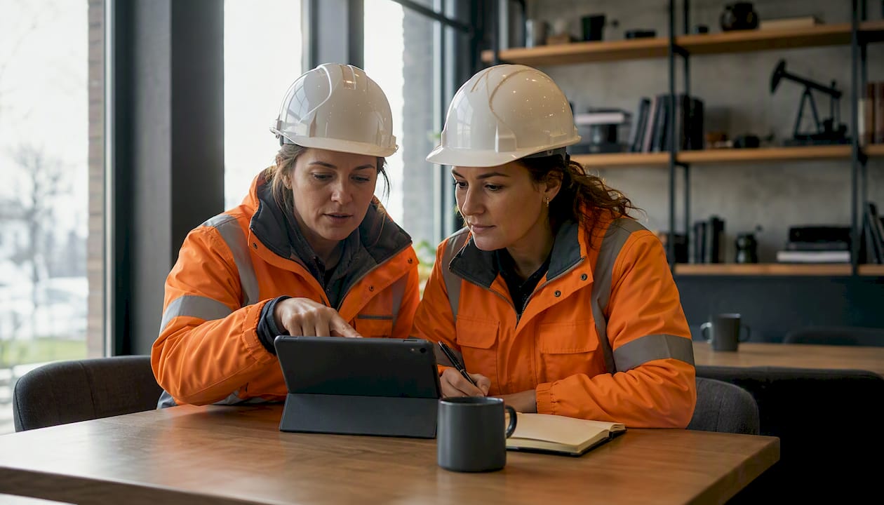 Field engineers analyzing data on tablet inside trailer