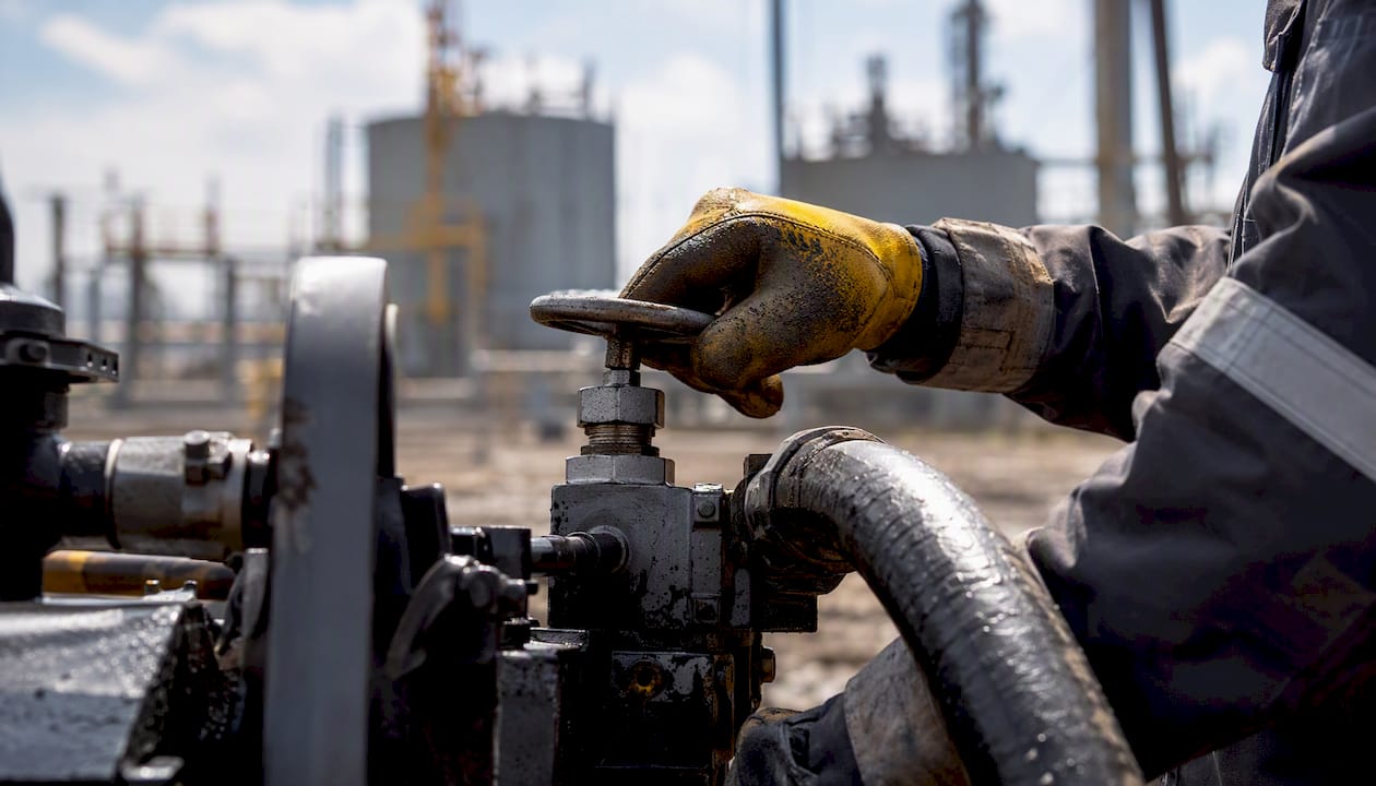 Gloved hand adjusting valve on oilfield equipment