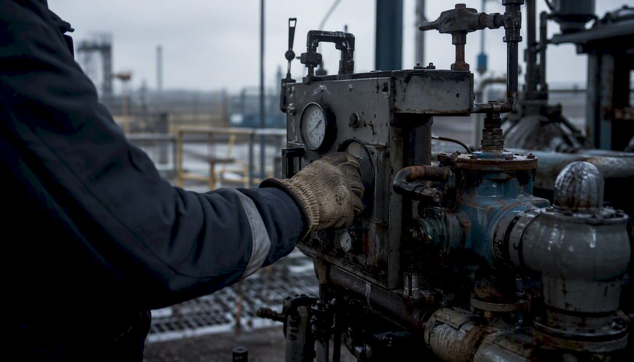 Technician inspecting shutdown pump equipment