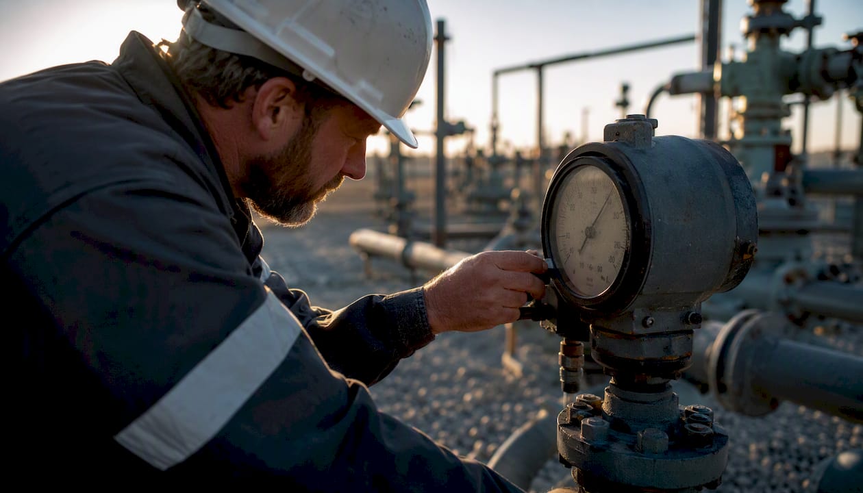 Hand adjusting flow meter gauge outdoors