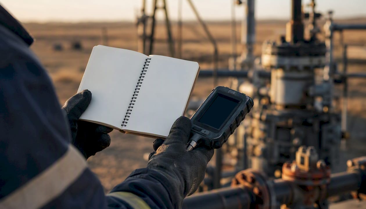 Hand with notebook and gauge on oilfield equipment